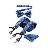 Floral Paisley Suspender Pre-Tied Bow Tie Handkerchief - B10-BLUE/WHITE
