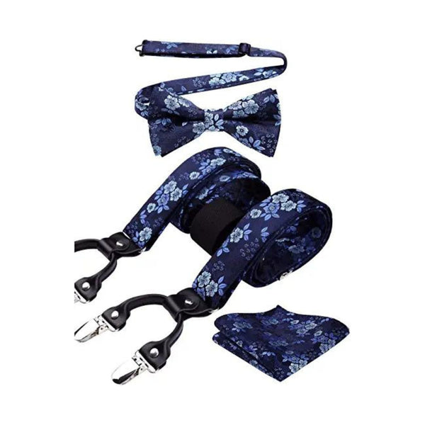 Paisley Floral Suspender Pre-Tied Bow Tie Handkerchief - A3-BLUE