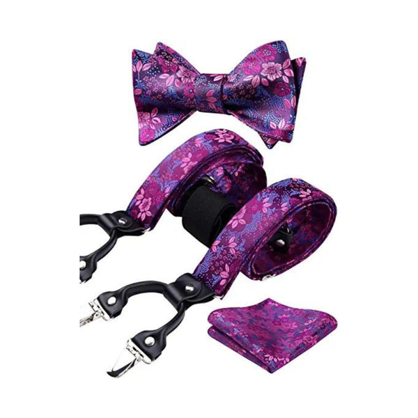 Floral Paisley Suspender Bow Tie Handkerchief - 8-PURPLE/PINK