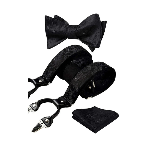 Floral Paisley Suspender Bow Tie Handkerchief - 1-BLACK