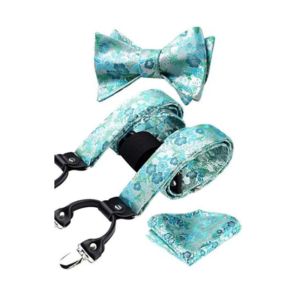 Paisley Floral Suspender Bow Tie Handkerchief - 9-GREEN/TURQUOISE