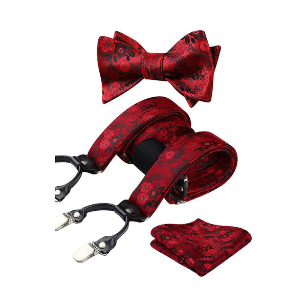 Floral Paisley Suspender Bow Tie Handkerchief - 2-RED/BLACK 01