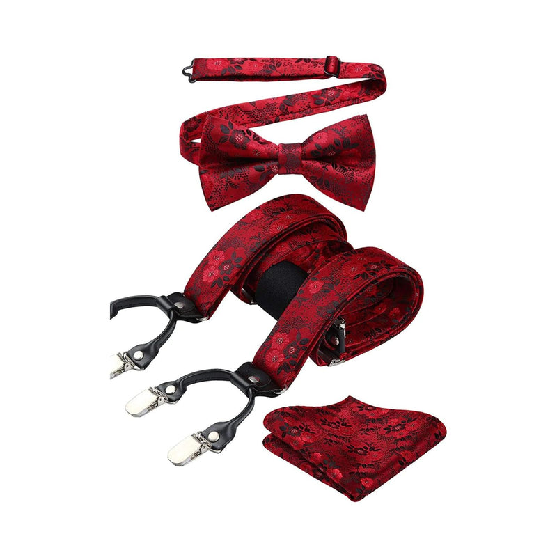 Paisley Floral Suspender Pre-Tied Bow Tie Handkerchief - A1-RED/BLACK
