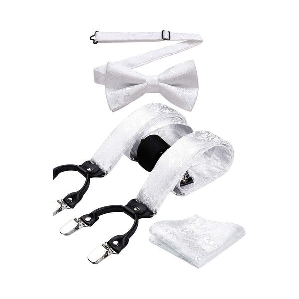 Floral Suspender Pre-Tied Bow Tie Handkerchief - A5-WHITE