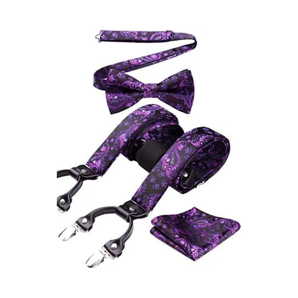 Floral Paisley Suspender Pre-Tied Bow Tie Handkerchief - B9-PURPLE/BLACK