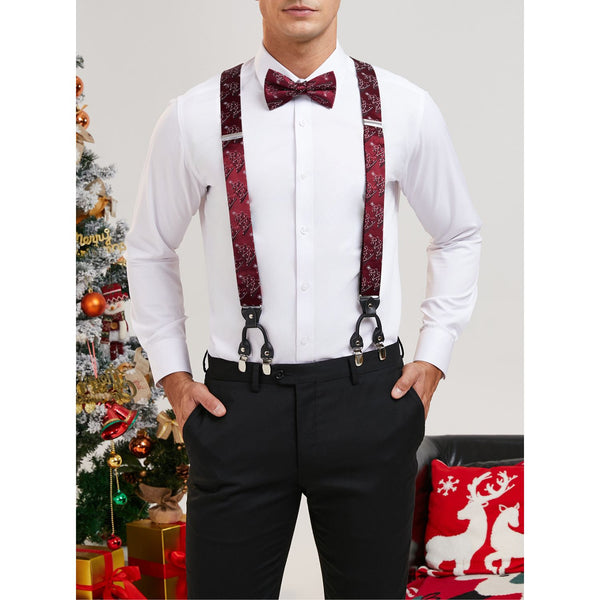 Hisdern Christmas Suspenders Pre-Tied Bow Tie Set Burgundy Holiday Outfit