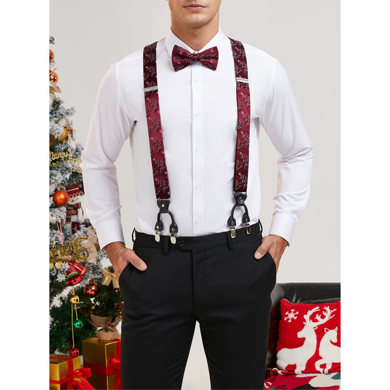 Hisdern Christmas Suspenders Pre-Tied Bow Tie Set Burgundy Holiday Outfit