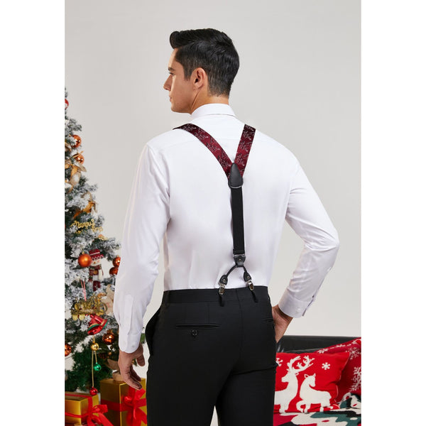 Hisdern Christmas Suspenders Pre-Tied Bow Tie Set Burgundy Holiday Outfit