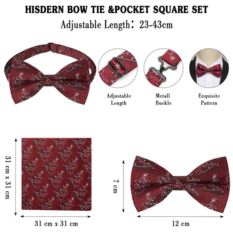 Hisdern Christmas Suspenders Pre-Tied Bow Tie Set Burgundy Holiday Outfit