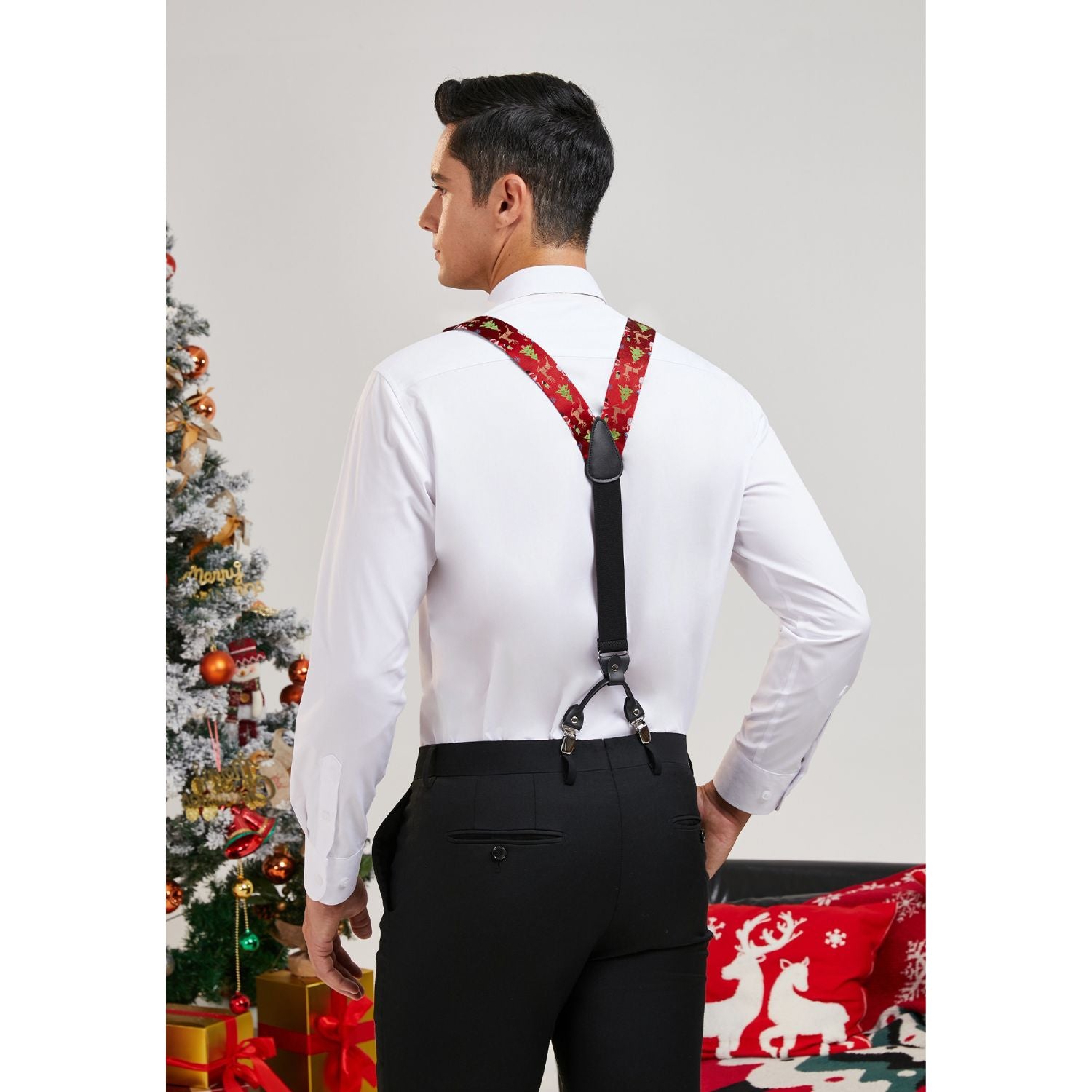 Christmas Suspender Pre-Tied Bow Tie Handkerchief - 04-RED/GREEN/ORANGE