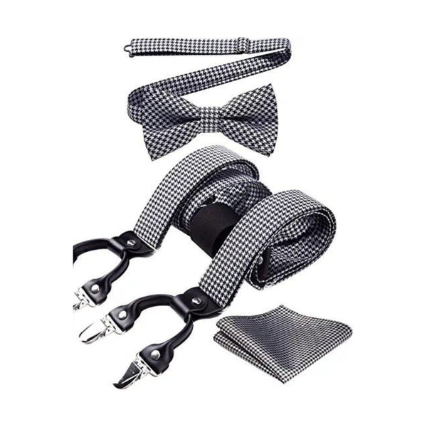 Plaid Suspender Pre-Tied Bow Tie Handkerchief - D7-BLACK/WHITE