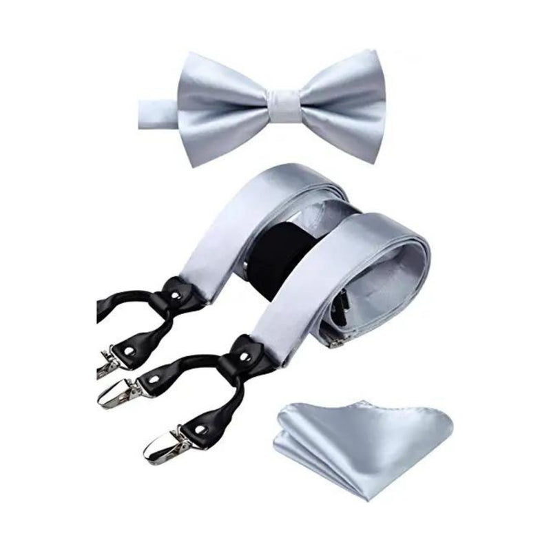 Solid Suspender Pre-Tied Bow Tie Handkerchief - A7-SILVER