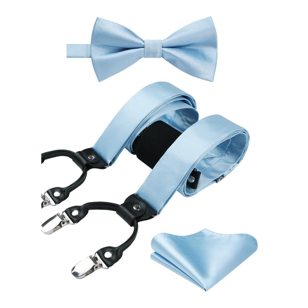 Solid Suspender Pre-Tied Bow Tie Handkerchief - A2-BABY BLUE