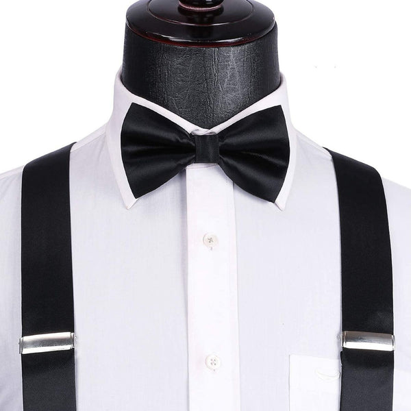 Solid Suspender Pre-Tied Bow Tie Handkerchief - A3-BLACK