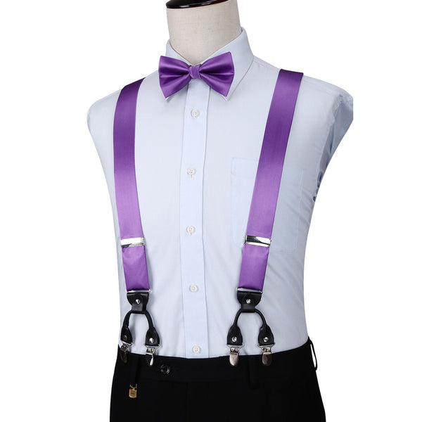 Solid Suspender Pre-Tied Bow Tie Handkerchief - A6-PURPLE