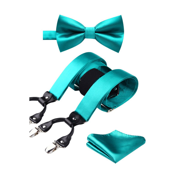 Solid Suspender Pre-Tied Bow Tie Handkerchief - A5-AQUA