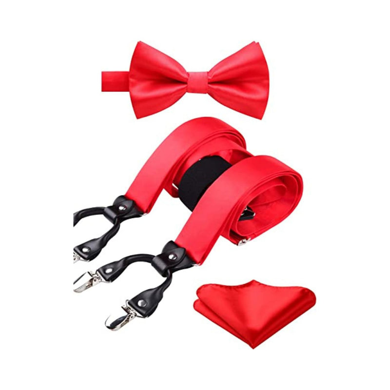 Solid Suspender Pre-Tied Bow Tie Handkerchief - A9-RED