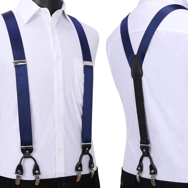 Solid Suspender Pre-Tied Bow Tie Handkerchief - A4-NAVY BLUE