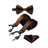 Solid Suspender Pre-Tied Bow Tie Handkerchief - A8-BROWN