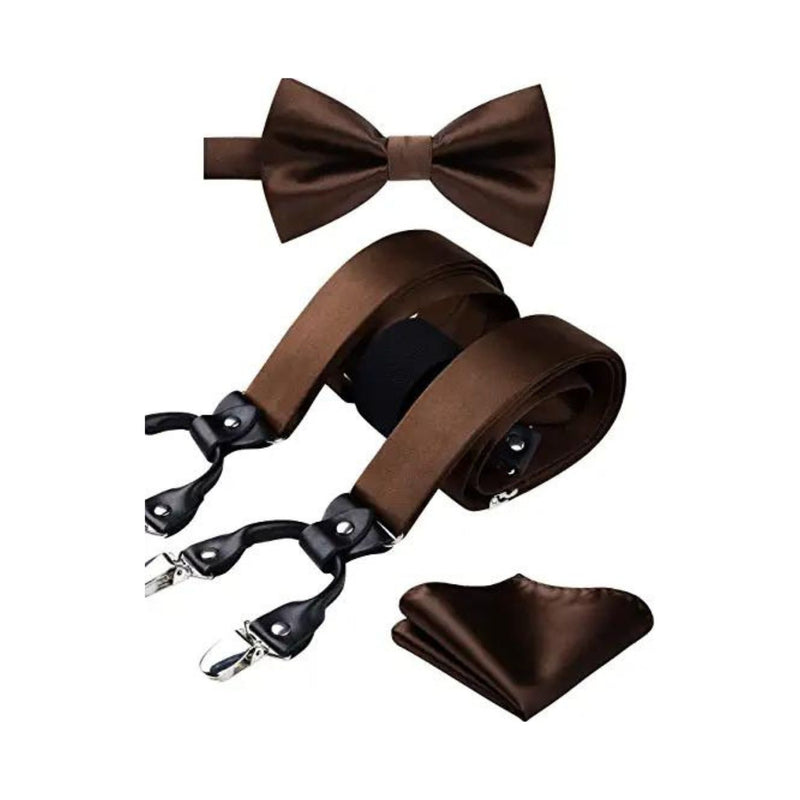 Solid Suspender Pre-Tied Bow Tie Handkerchief - A8-BROWN