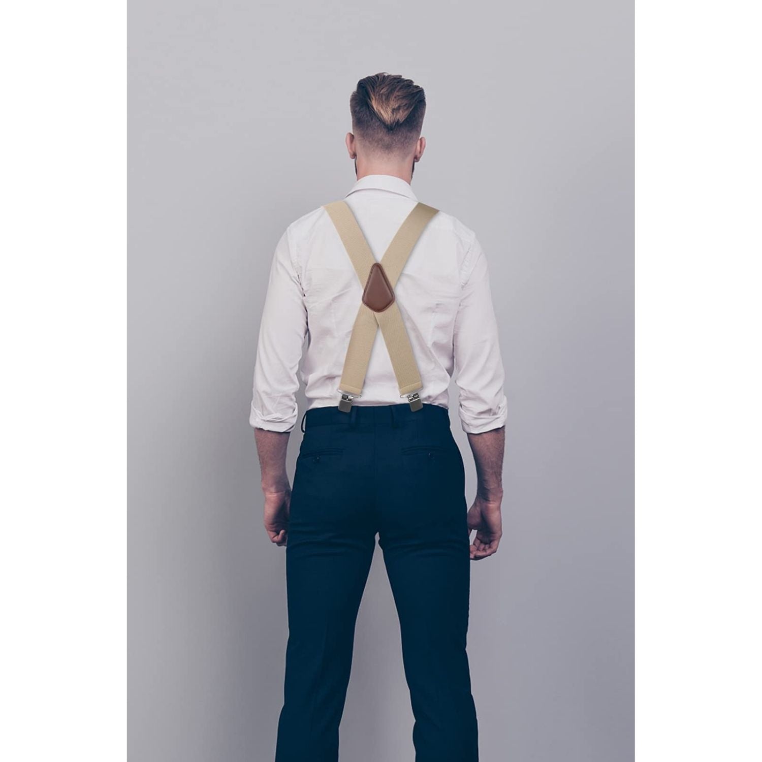 Hisdern 2 Inch Adjustable Suspender Khaki with 4-Clip for Formal Pants