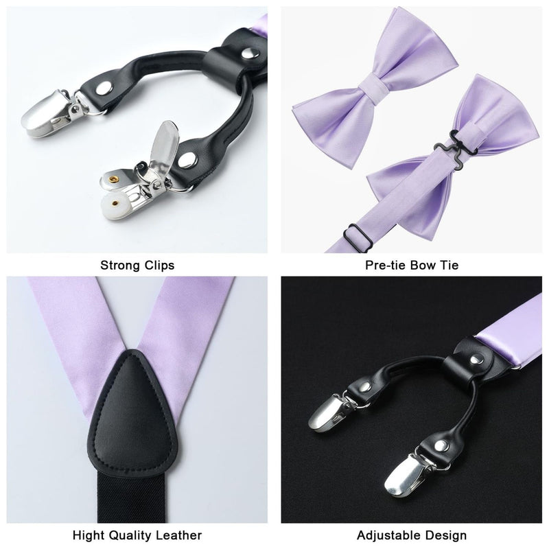 Solid Suspender Pre-Tied Bow Tie Handkerchief - LAVENDER