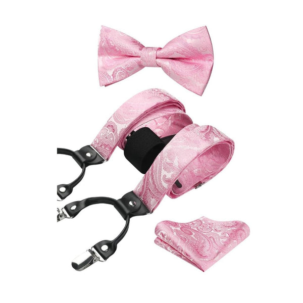 Paisley Suspender Bow Tie Handkerchief - 01-PINK