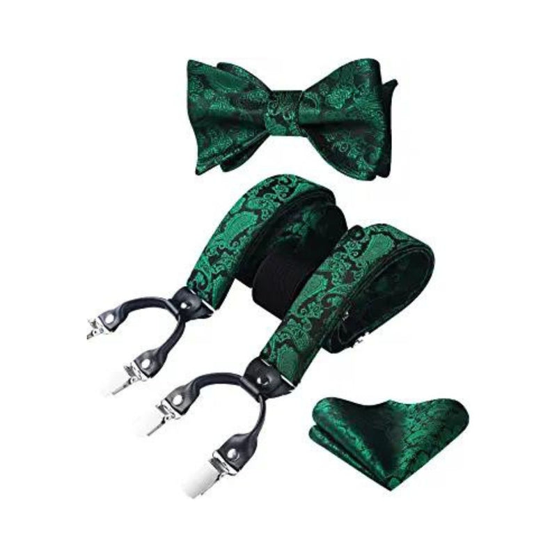 Floral Paisley Suspender Bow Tie Handkerchief - 1-GREEN/BLACK