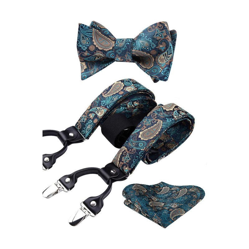Floral Paisley Suspender Bow Tie Handkerchief - 7-GREEN/AQUA/BROWN