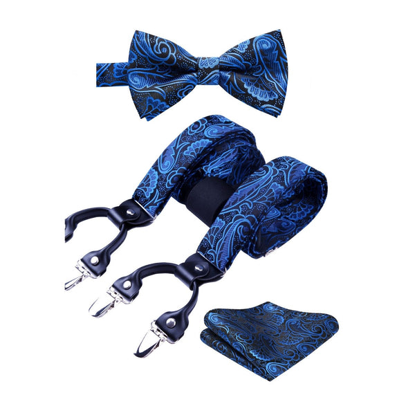 Paisley Floral Suspender Pre-Tied Bow Tie Handkerchief - B6-BLUE/BLACK
