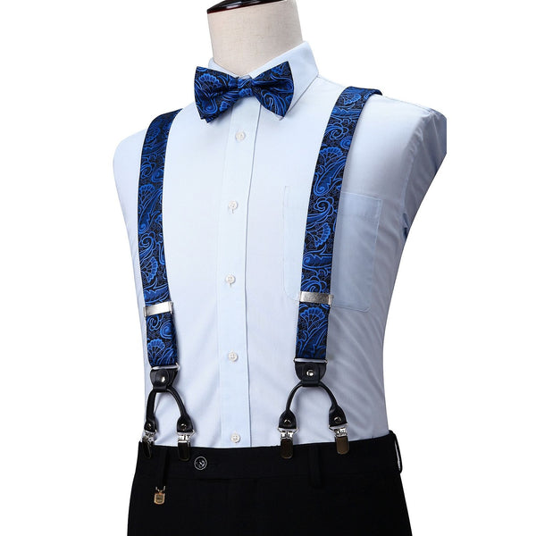 Paisley Floral Suspender Pre-Tied Bow Tie Handkerchief - B6-BLUE/BLACK