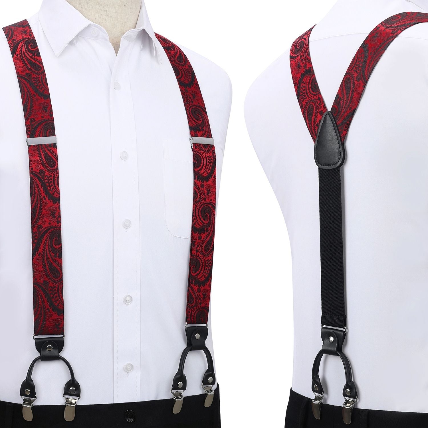 Paisley Floral Suspender Bow Tie Handkerchief - RED/BLACK 02