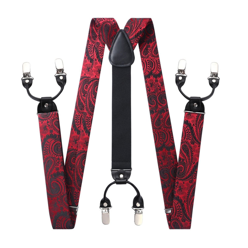 Paisley Floral Suspender Bow Tie Handkerchief - RED/BLACK 02
