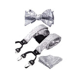 Floral Paisley Suspender Bow Tie Handkerchief - 3-SILVER/GRAY
