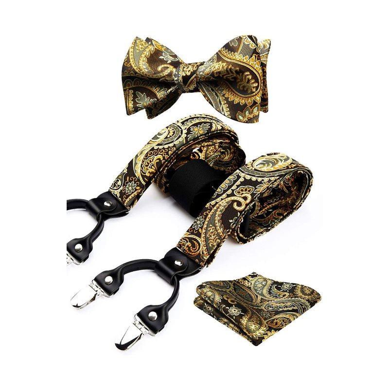 Floral Paisley Suspender Bow Tie Handkerchief - 1-GOLD/BROWN