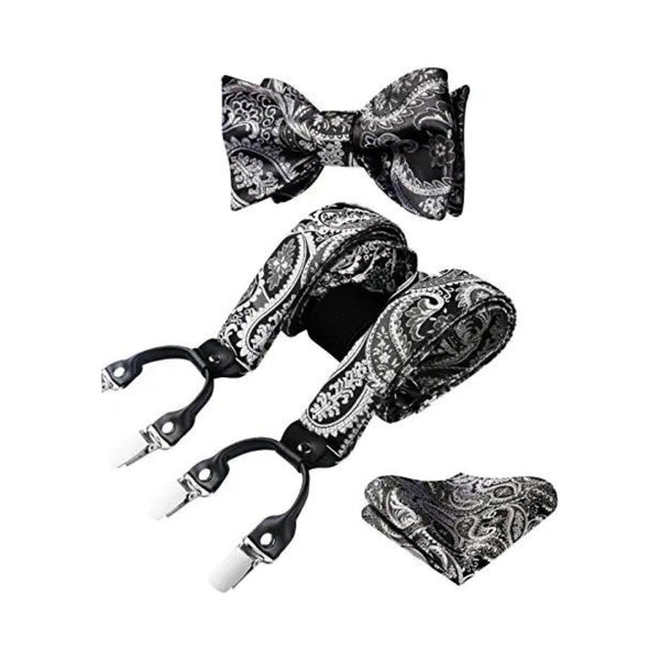 Floral Paisley Suspender Bow Tie Handkerchief - GRAY/BLACK