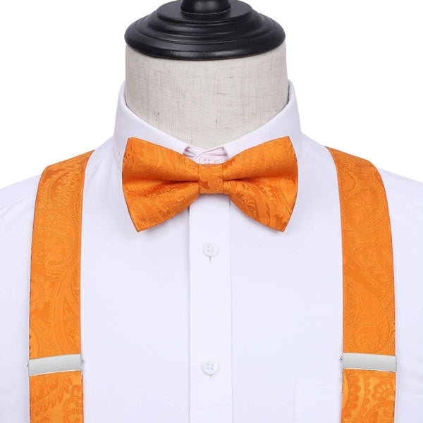 Floral Paisley Suspender Pre-Tied Bow Tie Handkerchief - C4-ORANGE