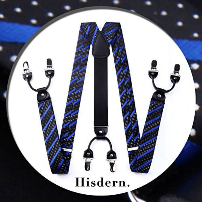 Stripe Suspender Pre-Tied Bow Tie Handkerchief - B2-BLUE/BLACK