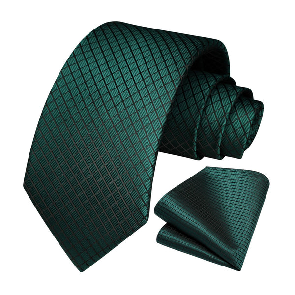 Men's Plaid Tie Handkerchief Set - 021-GREEN