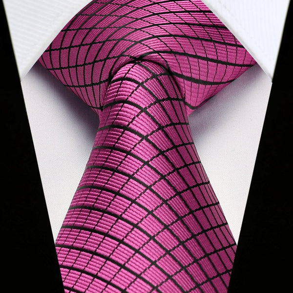 Men's Plaid Tie Handkerchief Set - C2- HOT PINK