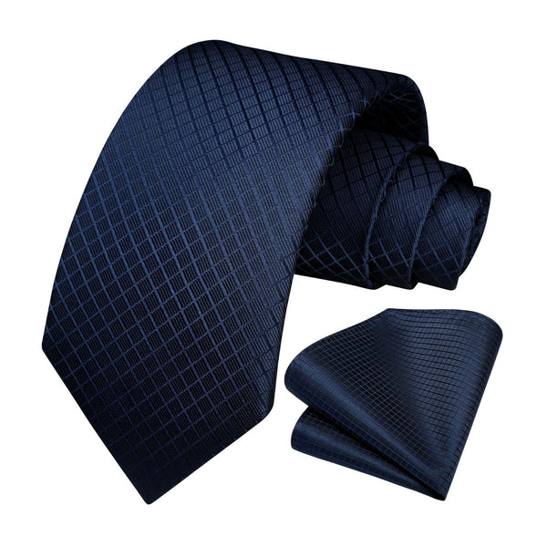 Men's Plaid Tie Handkerchief Set - 059-NAVY BLUE