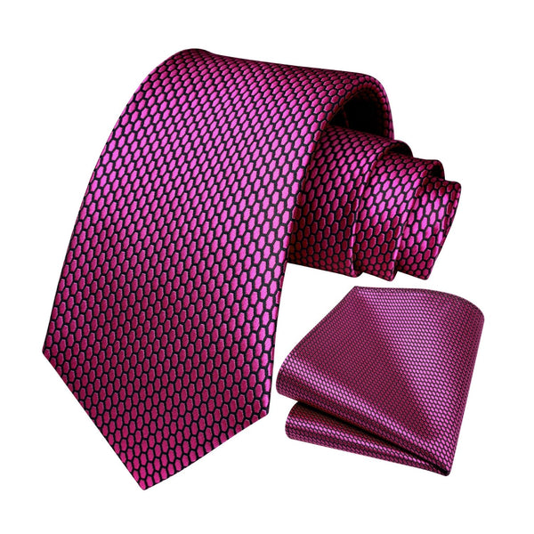 Men's Plaid Tie Handkerchief Set - A-FUSCHIA PINK