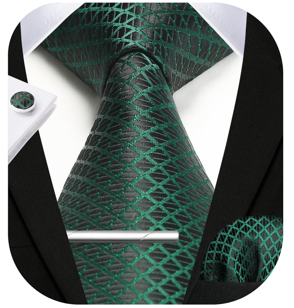 Men's Plaid Tie Handkerchief Cufflink Clip - A-GREEN