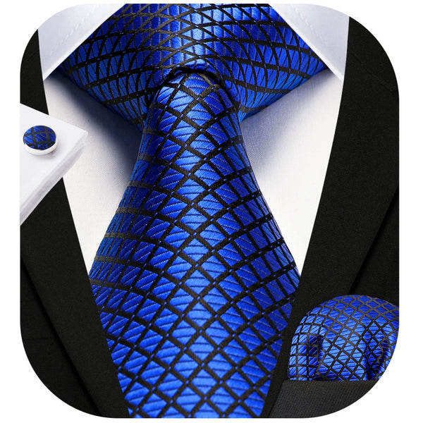 Men's Plaid Tie Handkerchief Cufflinks - 01-ROYAL BLUE
