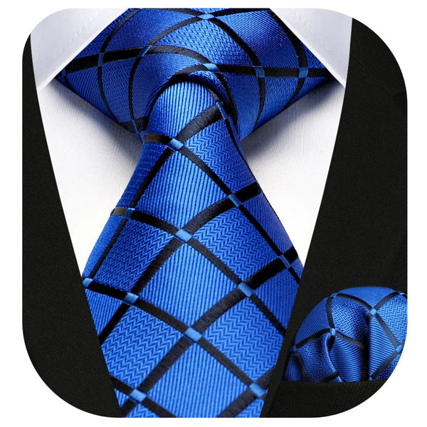 Plaid Tie Handkerchief Set -  A6-ROYAL BLUE