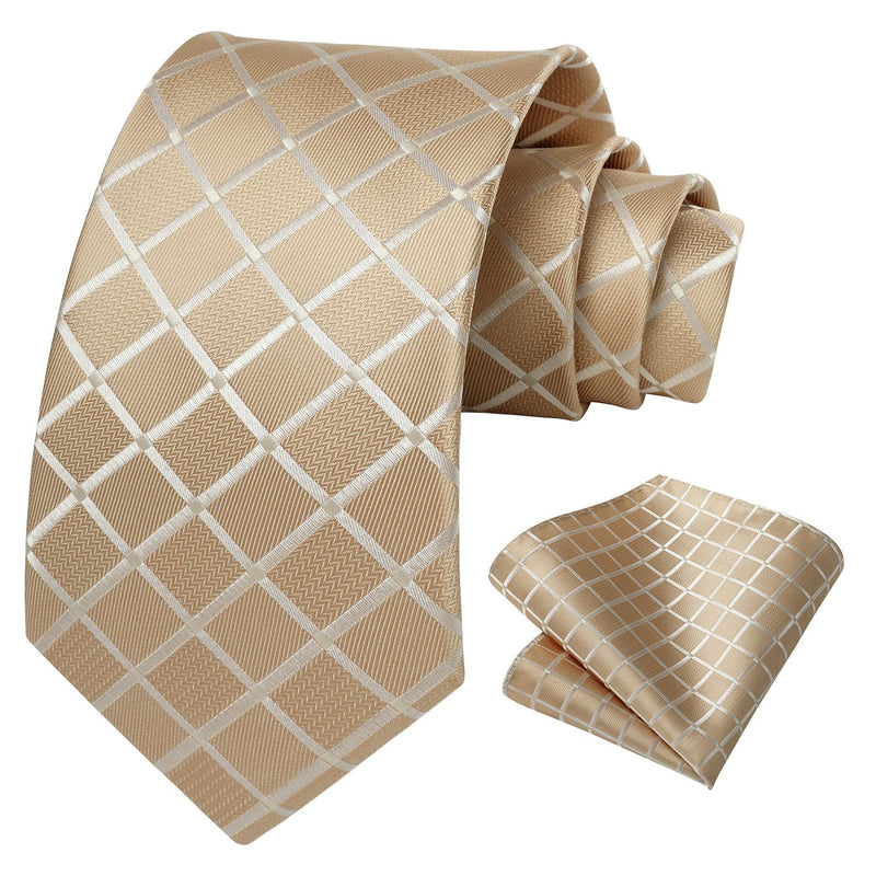 Plaid Tie Handkerchief Set - CHAMPAGNE