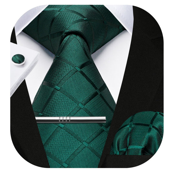 Plaid Tie Handkerchief Cufflinks Clip - DARK GREEN