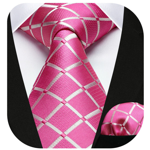 Plaid Tie Handkerchief Set - A7-PINK HOT