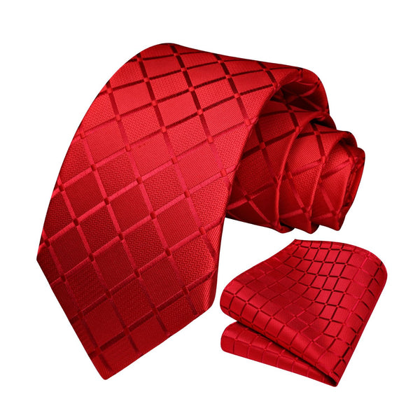 Men's Plaid Tie Handkerchief Set - LIGHT RED