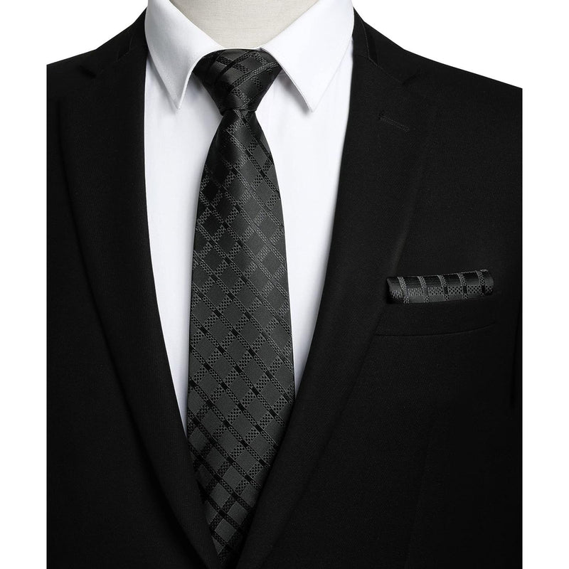Plaid Tie Handkerchief Set - D- BLACK 2